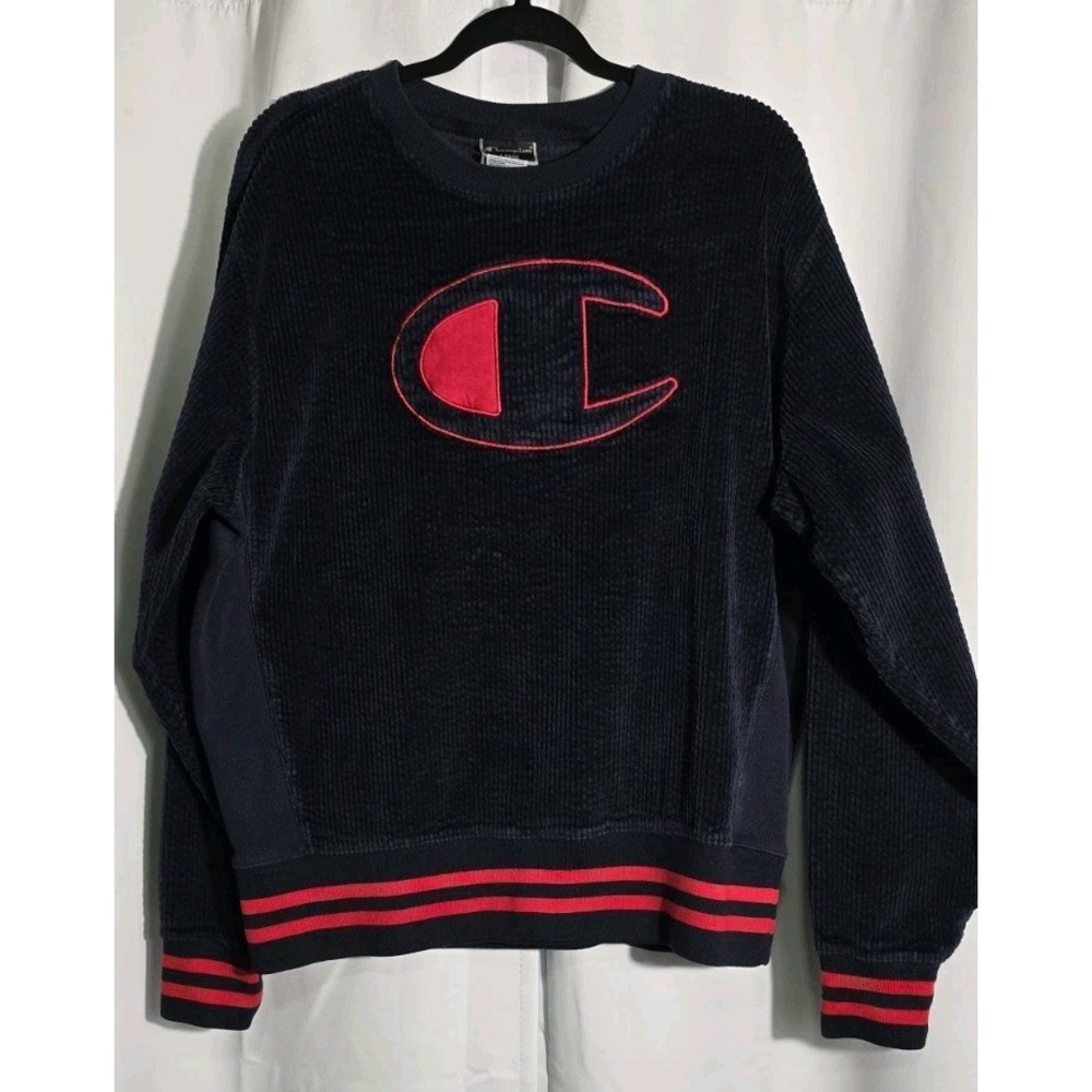 Champion Mens Corduroy Sweatshirt Pullover‎ Crew Crewneck Size Large Navy Blue